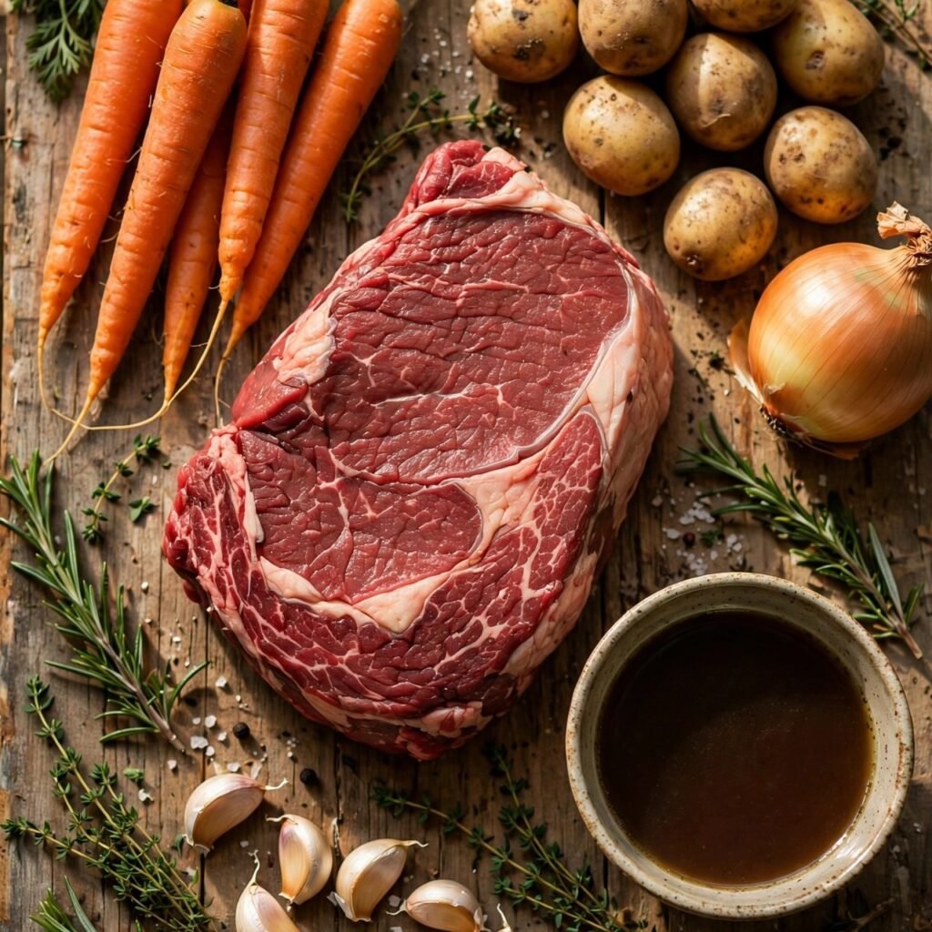 Beef pot roast ingredients flat lay