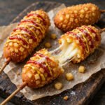 Korean corn dogs on skewers with a long melted mozzarella cheese pull, ketchup and mustard drizzle