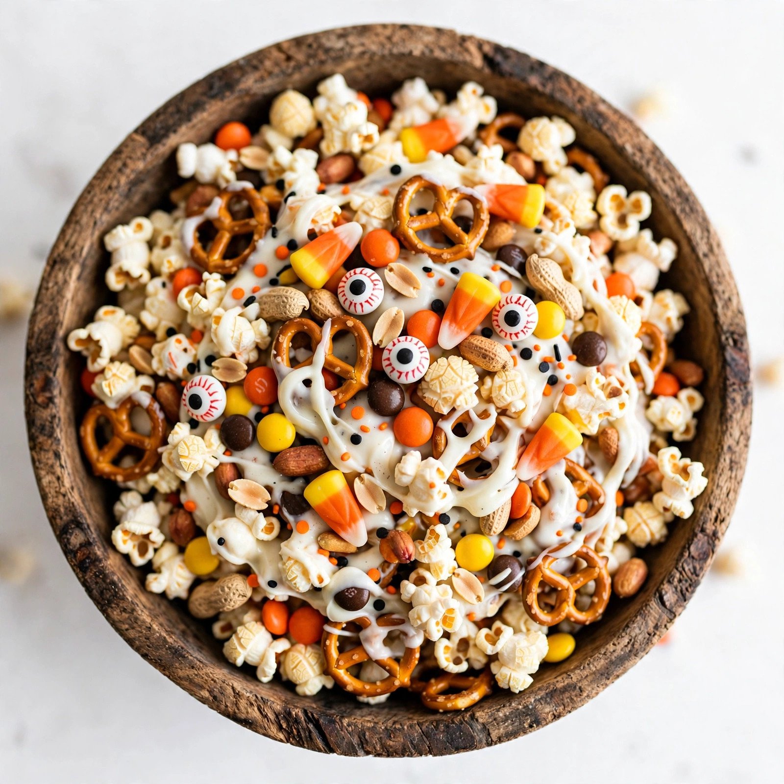 Bowl of Halloween monster munch party mix with popcorn, pretzels, candy corn and white chocolate coating