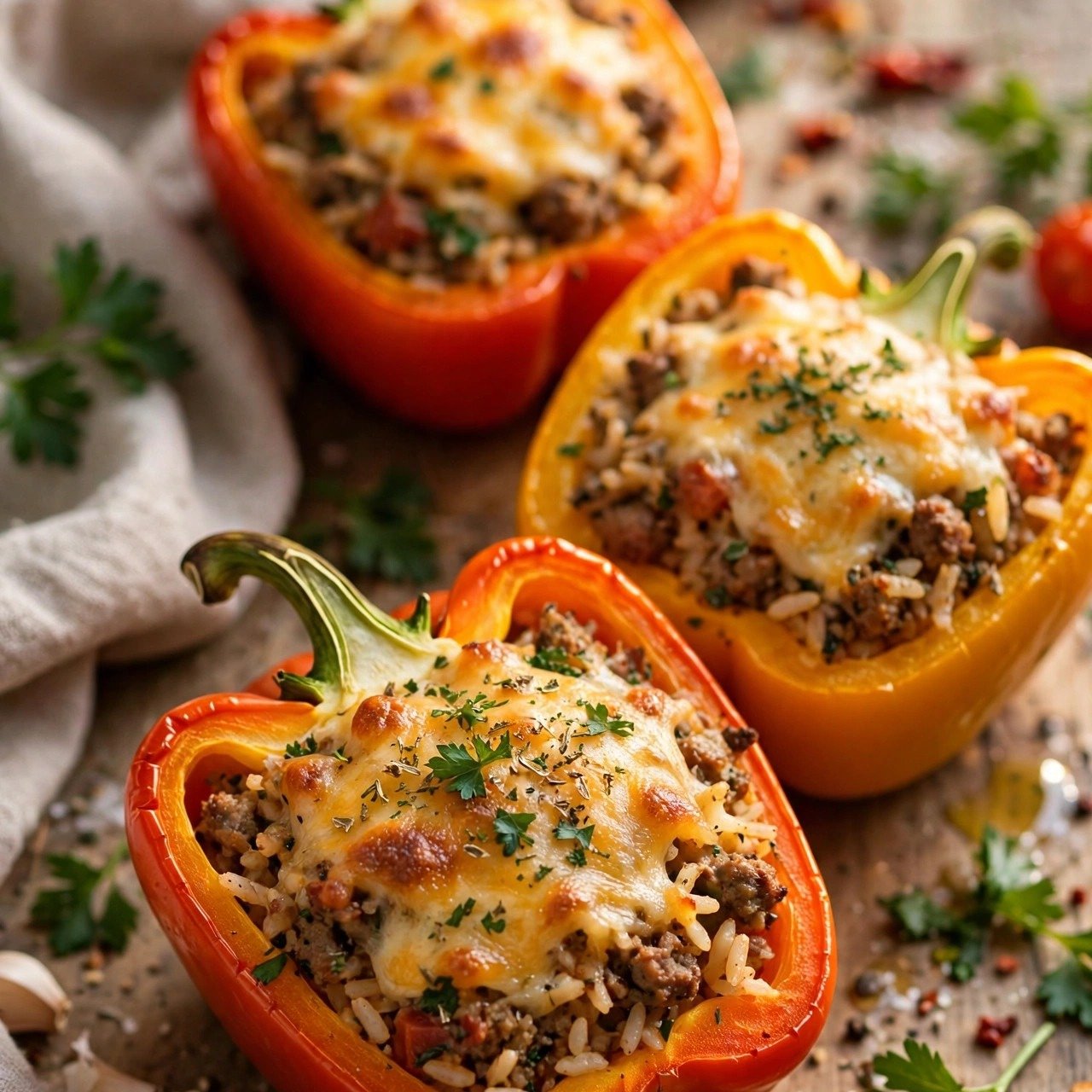Cheesy Stuffed Bell Peppers with Beef and Rice