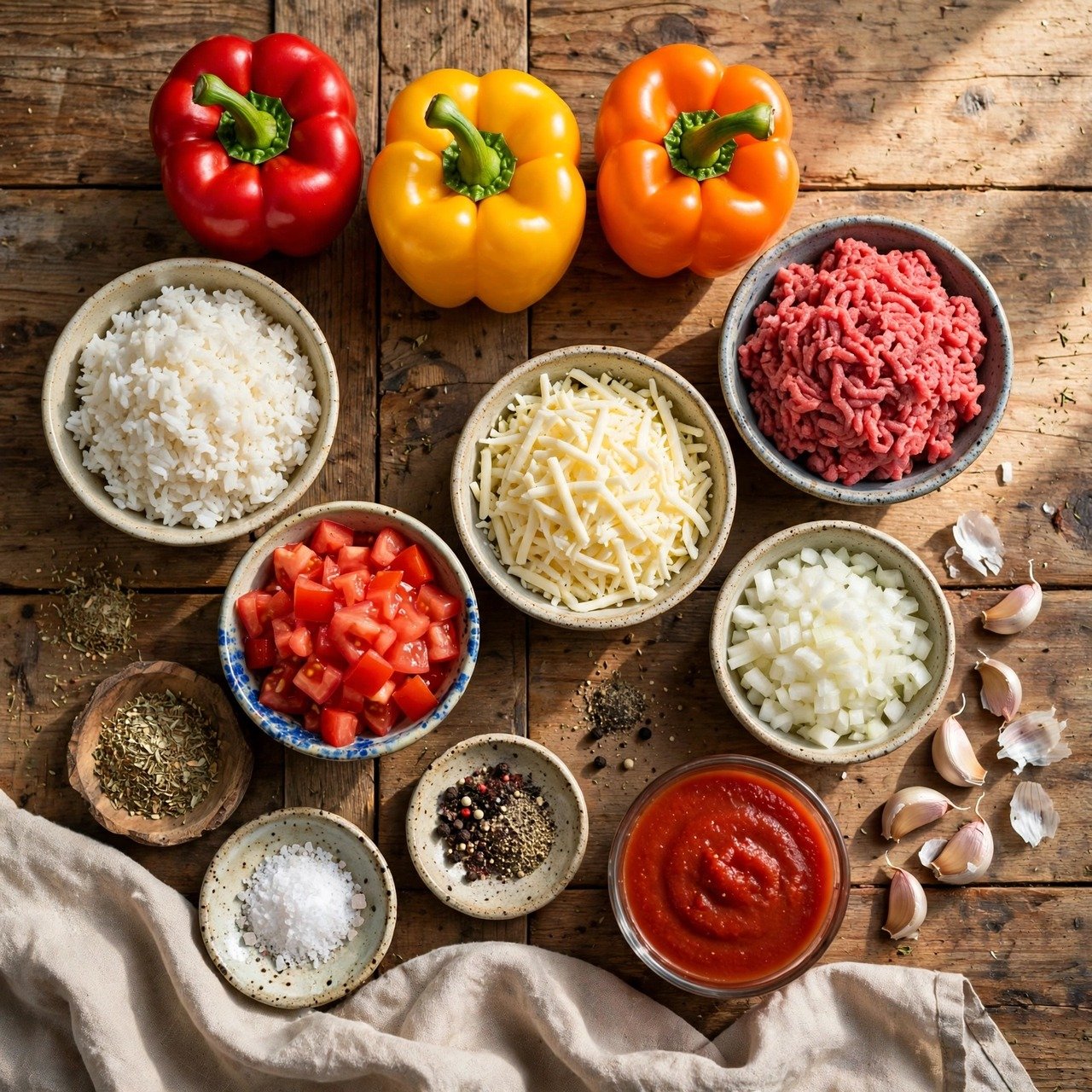 Cheesy Stuffed Bell Peppers with Beef and Rice ingredients