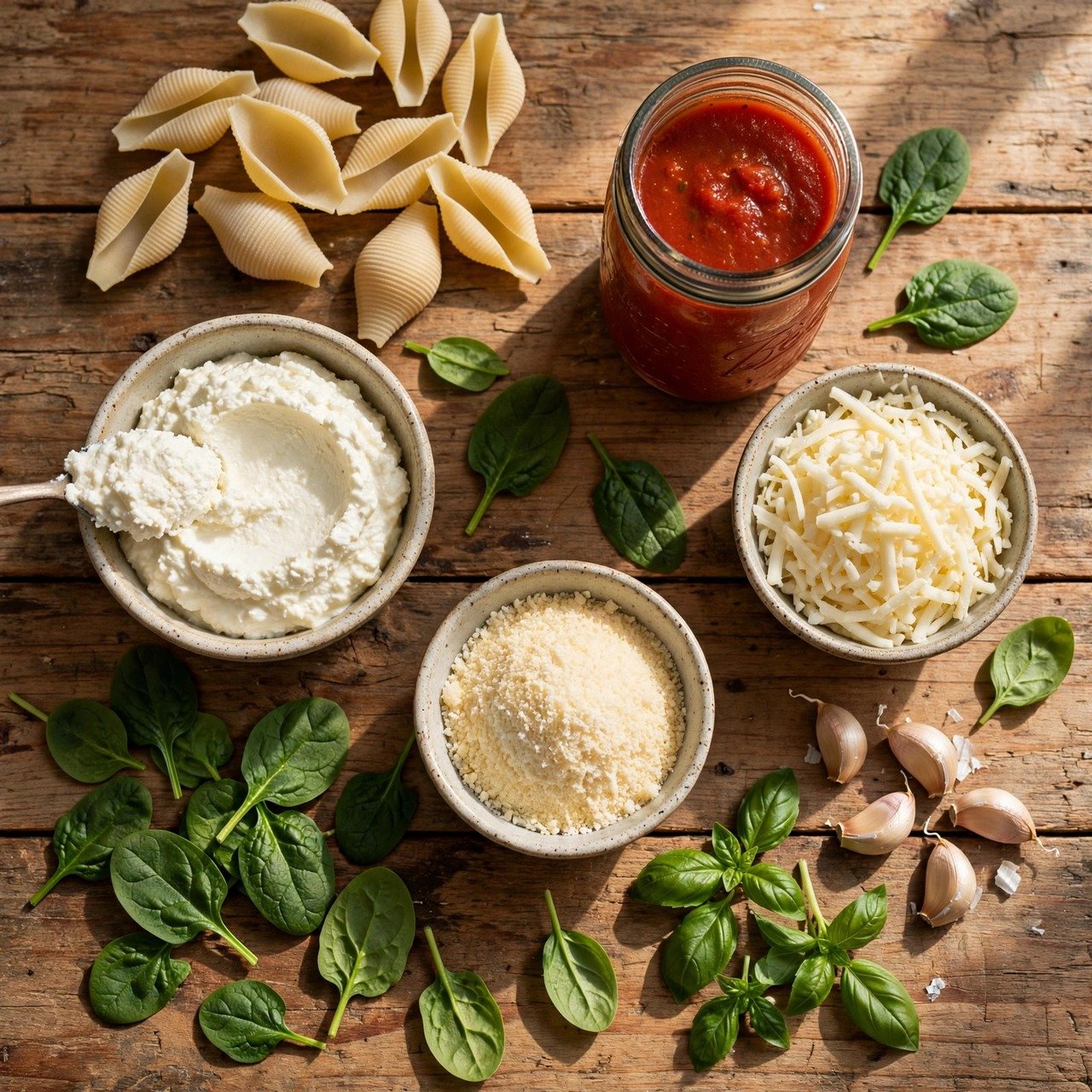 Cheesy Stuffed Shells with Marinara ingredients