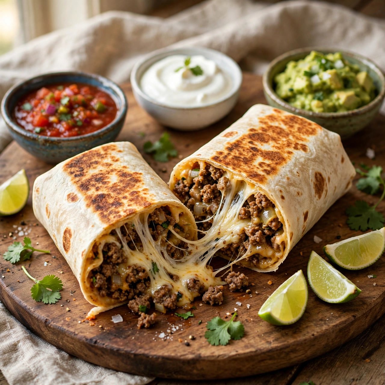 Cheesy Beef Burritos with Melty Cheese Pull