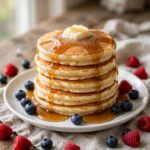 Fluffy Buttermilk Pancakes with Maple Syrup and Fresh Berries