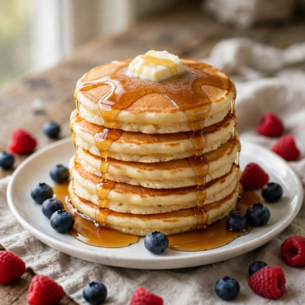 Fluffy Buttermilk Pancakes with Maple Syrup and Fresh Berries