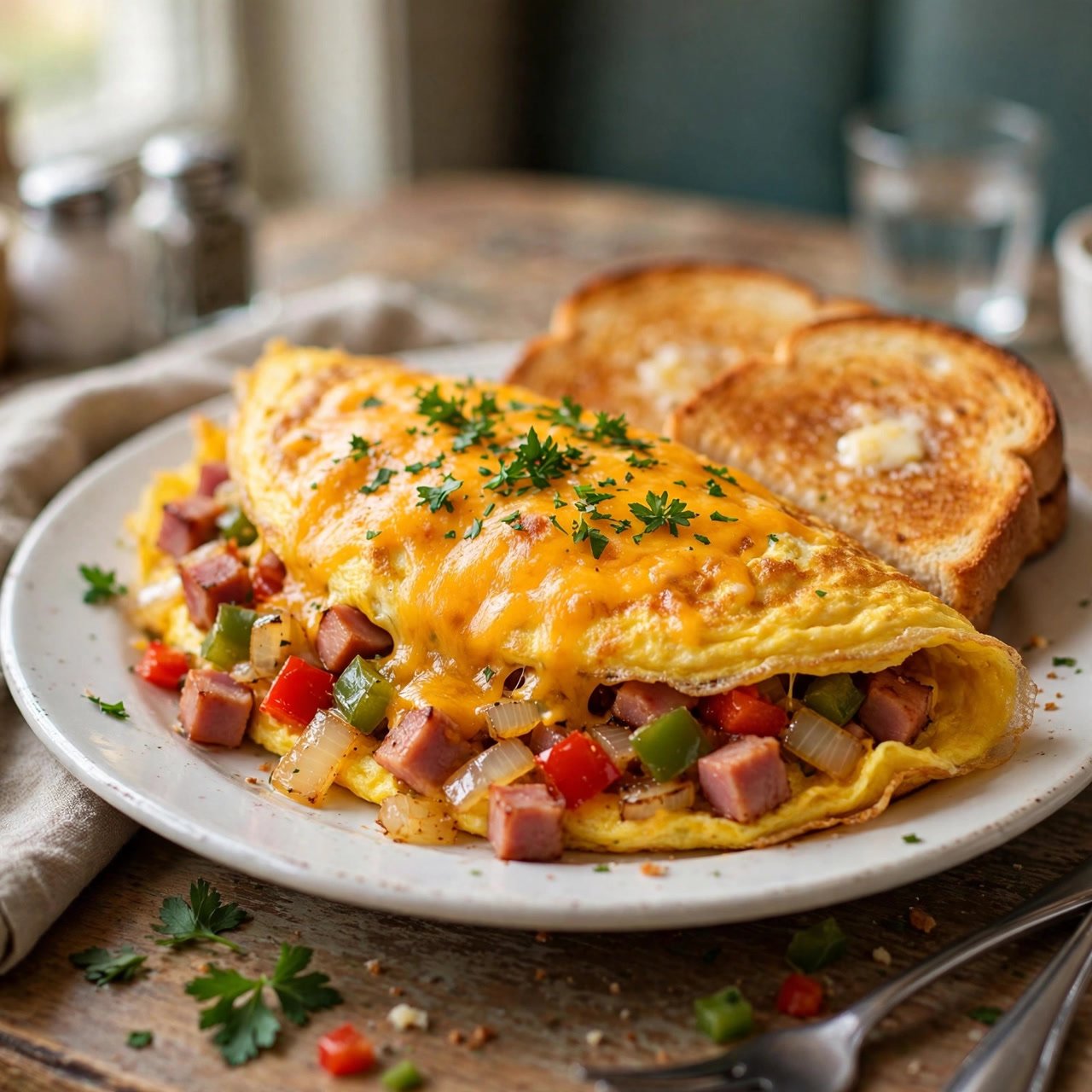 Denver Omelette with Ham, Peppers, and Melted Cheese
