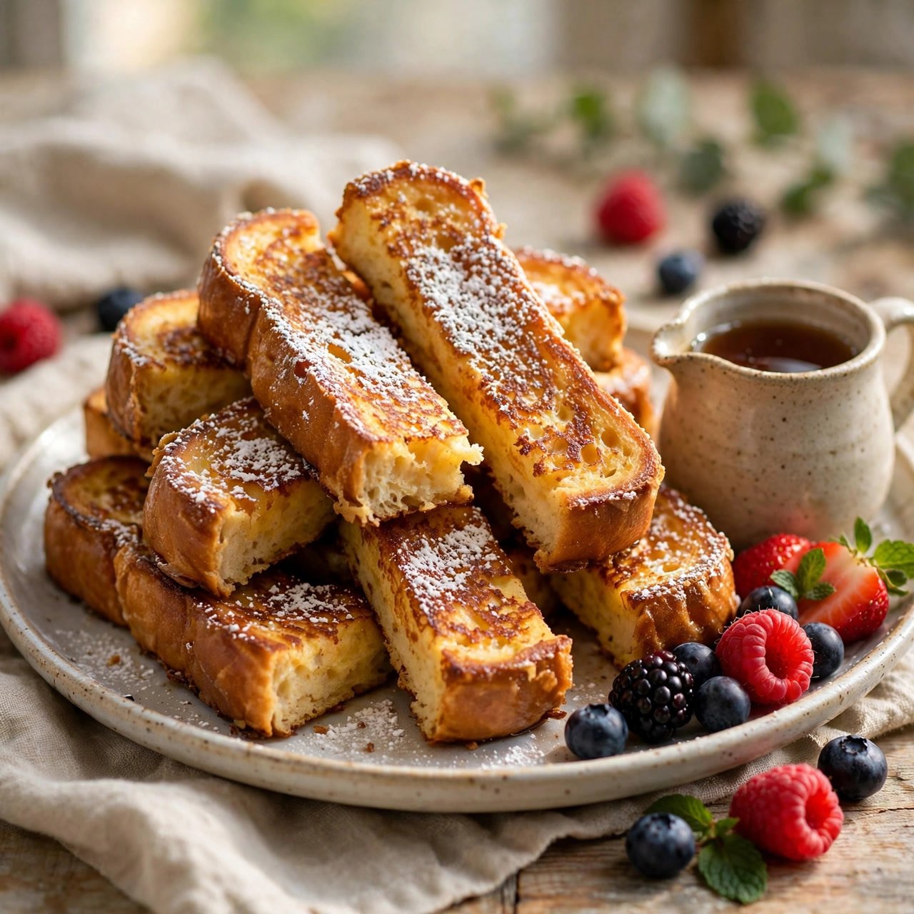 Crispy French Toast Sticks with Powdered Sugar and Syrup