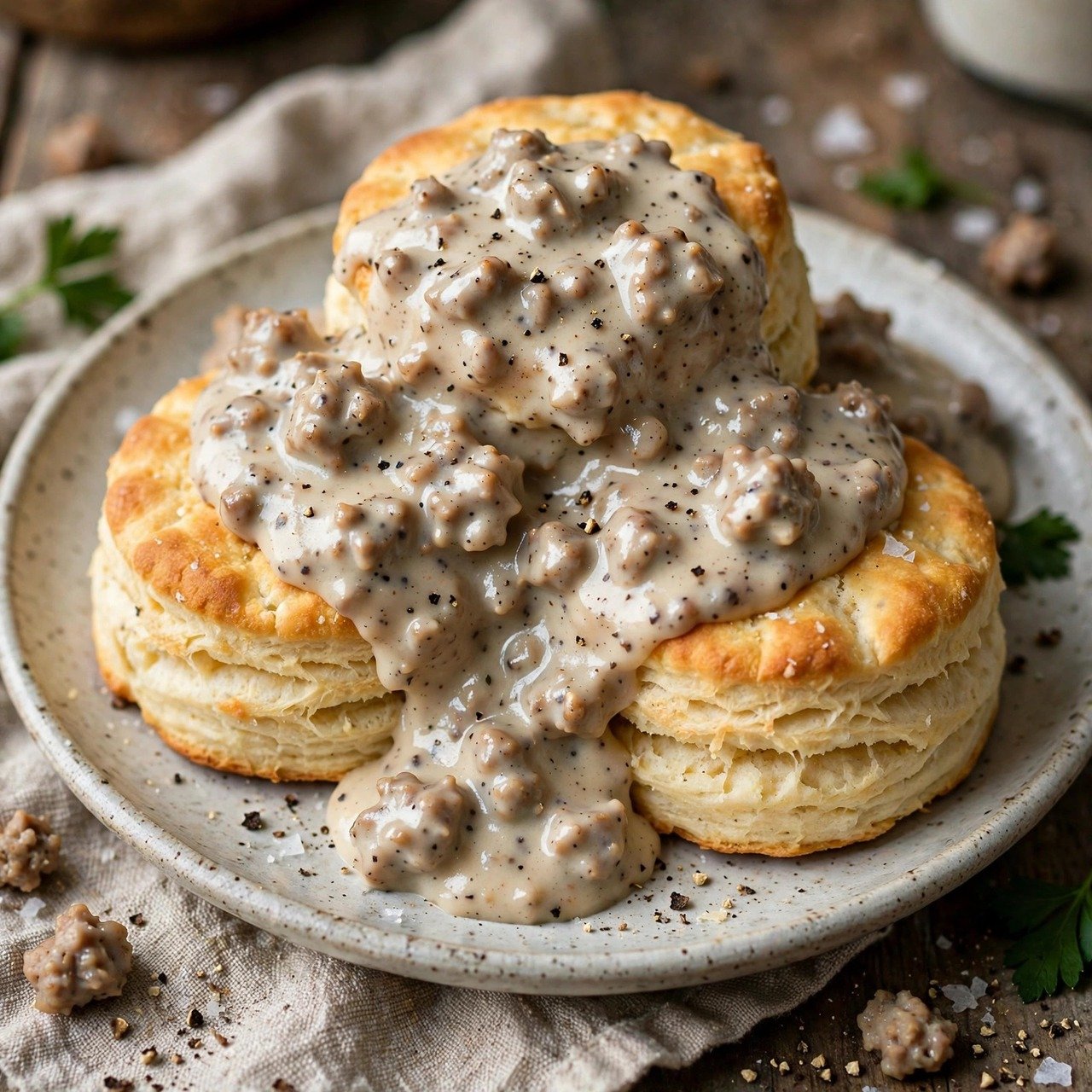 Southern Sausage Gravy and Flaky Buttermilk Biscuits